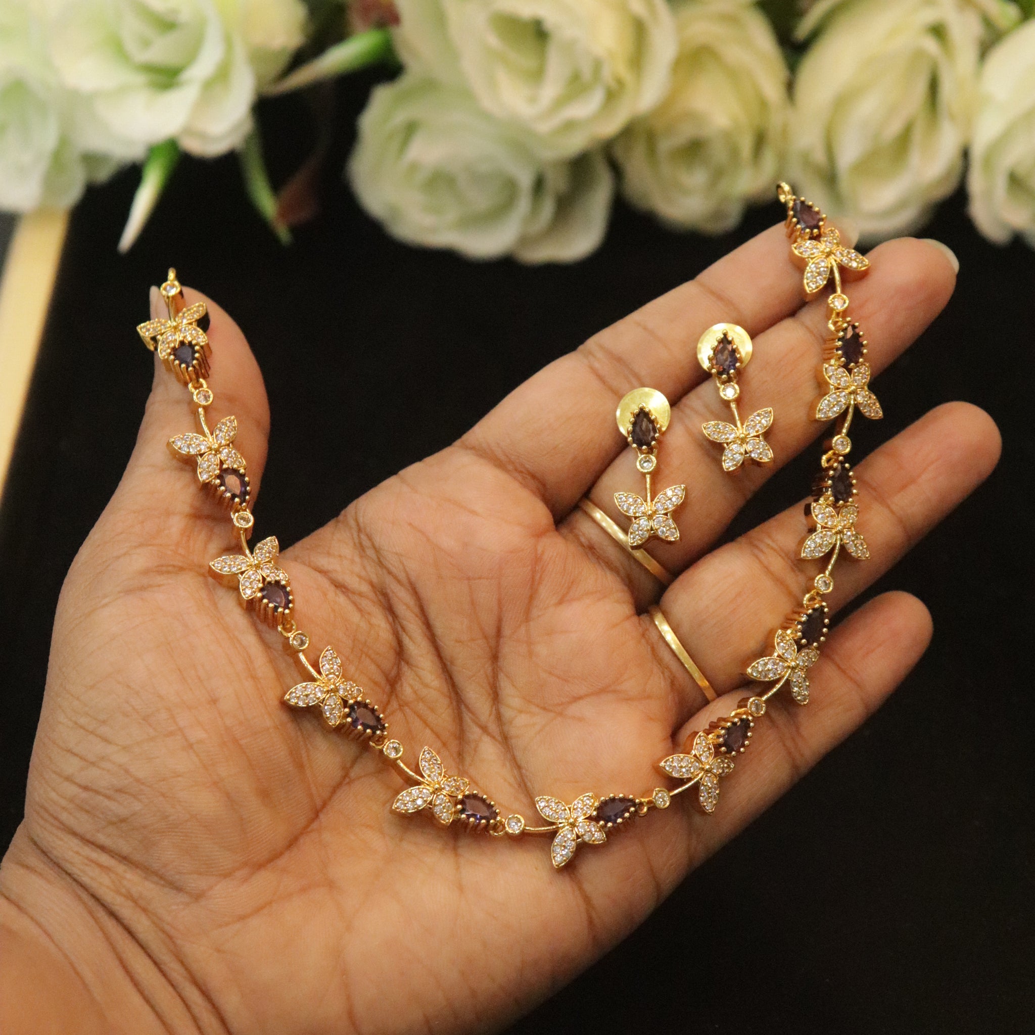Elegant Butterfly Purple AD Stone Necklace Set