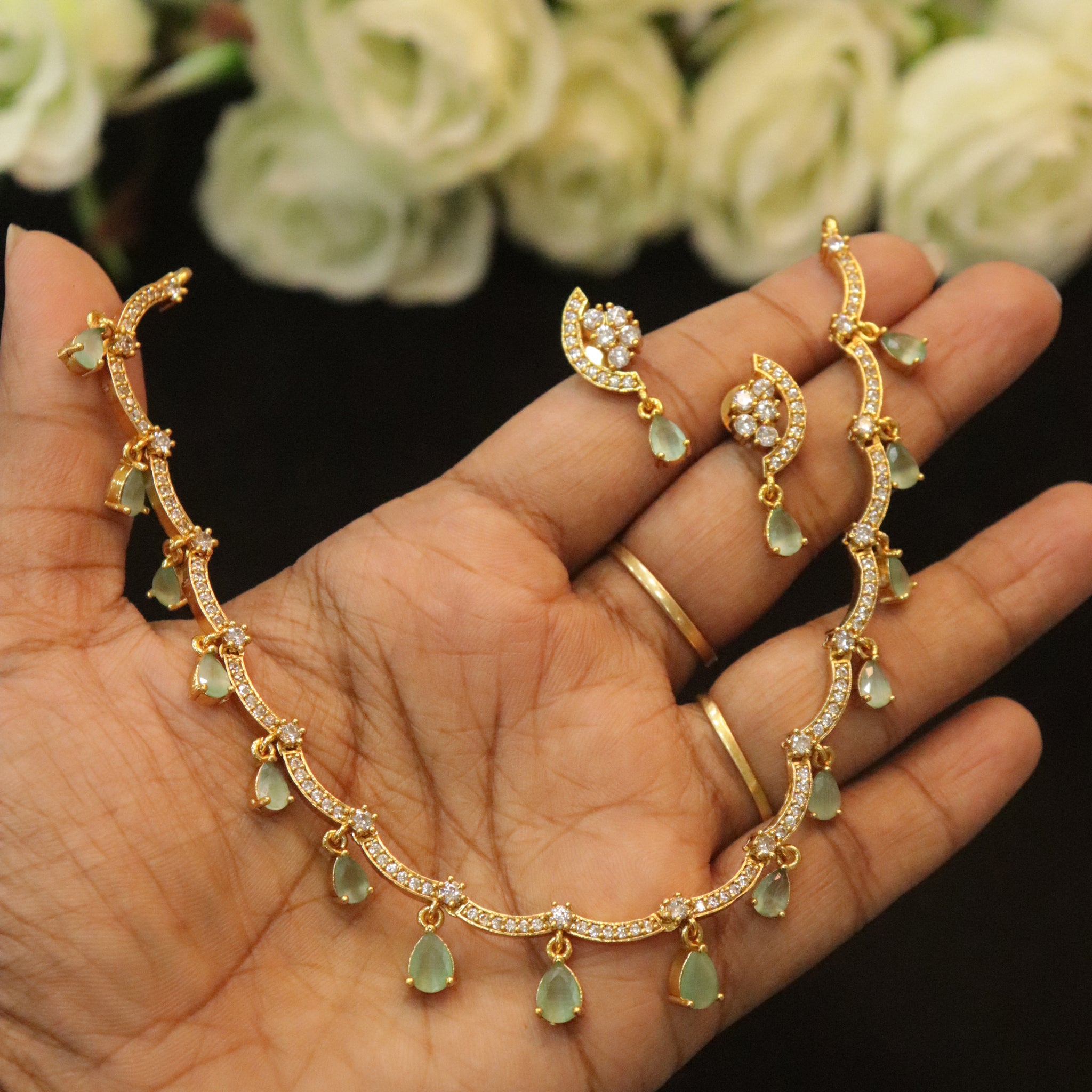 Elegant Raindrop Charm Stone Choker Set with Matching Earrings