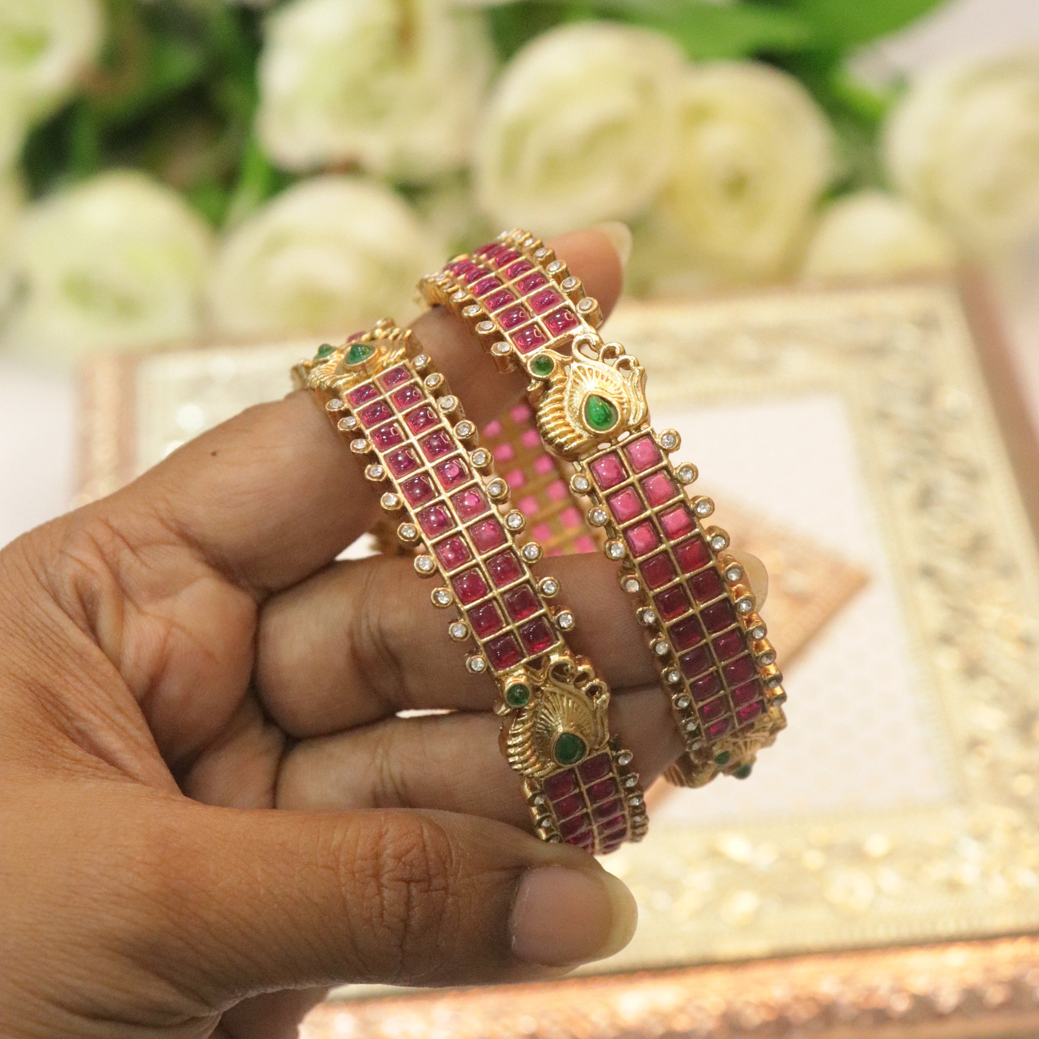 Regal Peacock Ruby Bangles with Emerald Detailing
