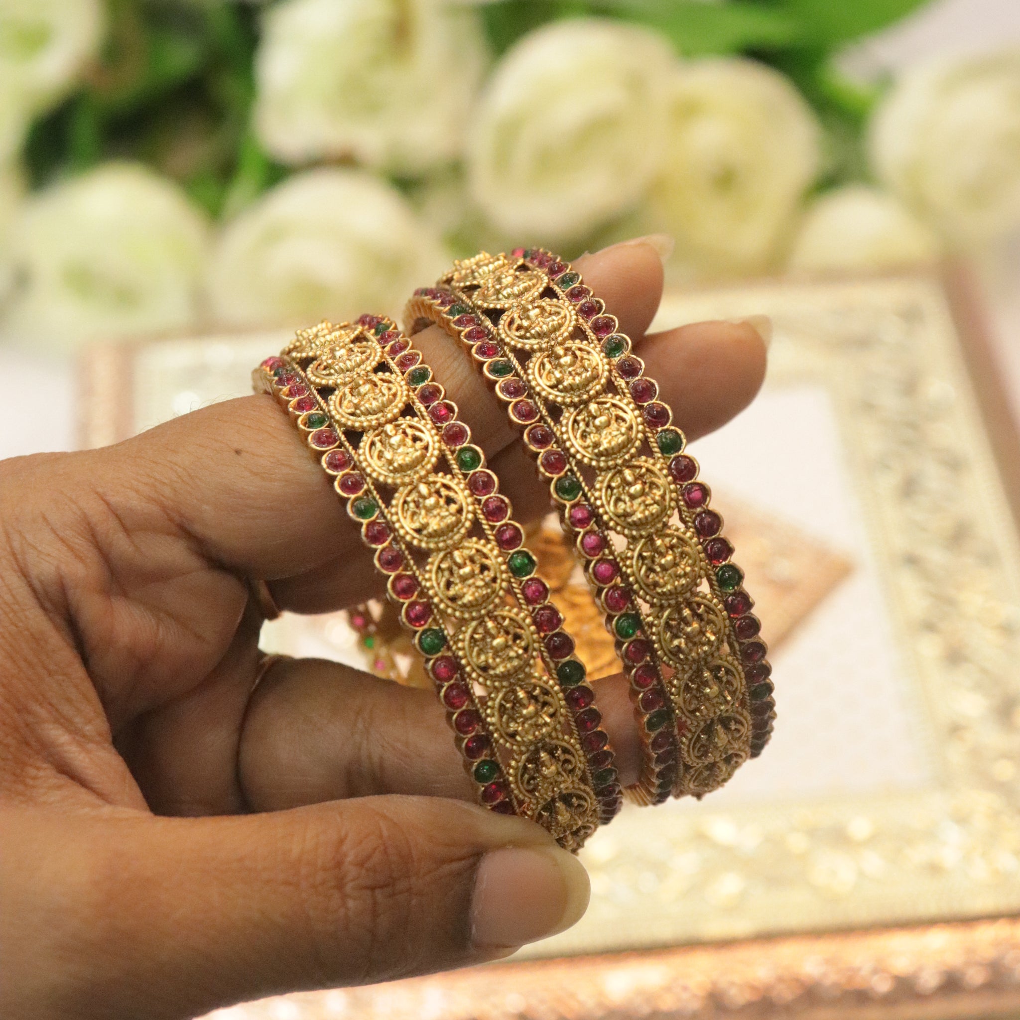 Antique Pink Stone Lakshmi Temple Bangles