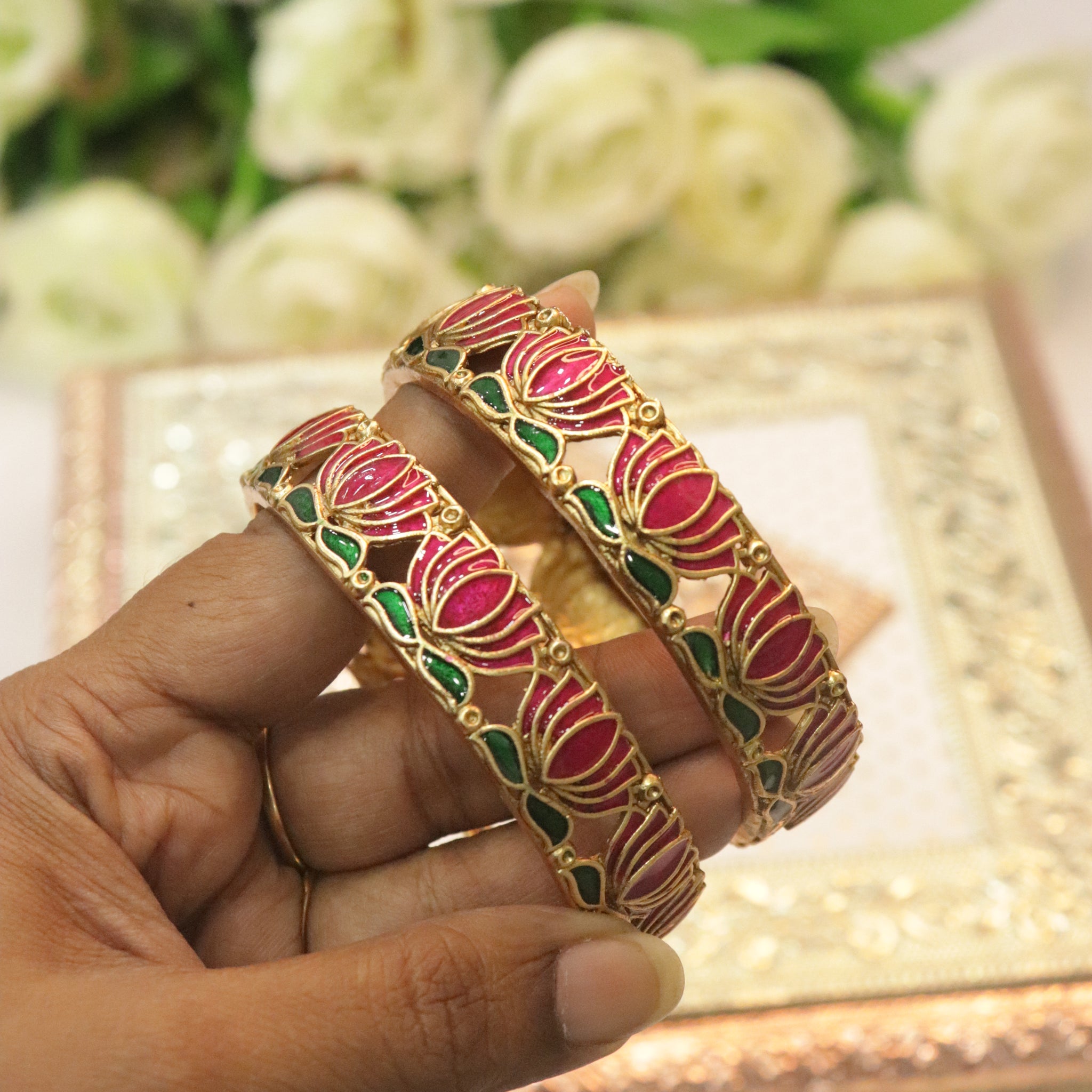 Pink Lotus Enamel Antique Bangles
