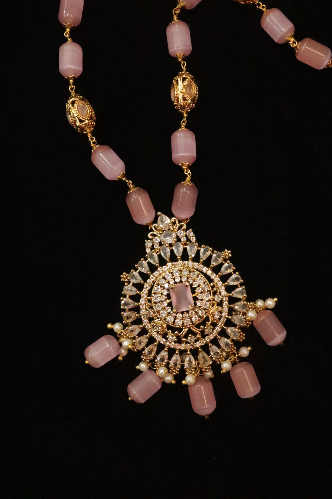 Pink Beaded AD Stone Pendant Necklace