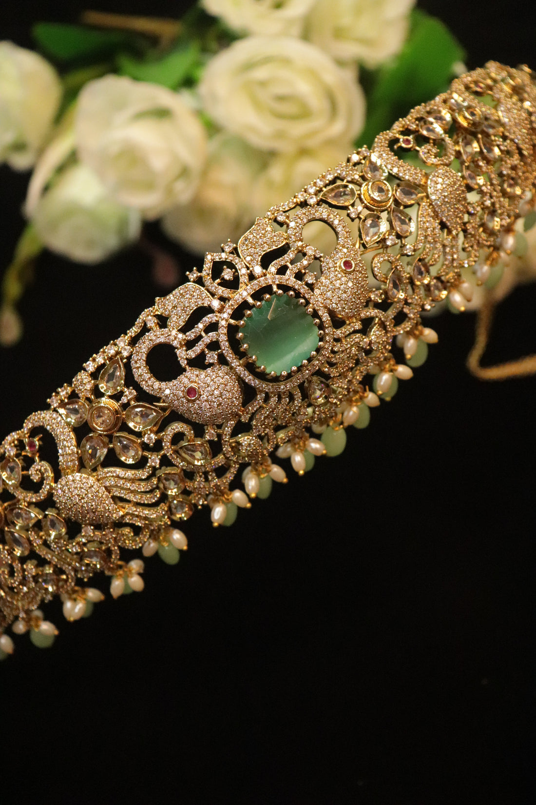Victorian Peacock & Emerald-Center CZ Hipbelt in Antique Gold