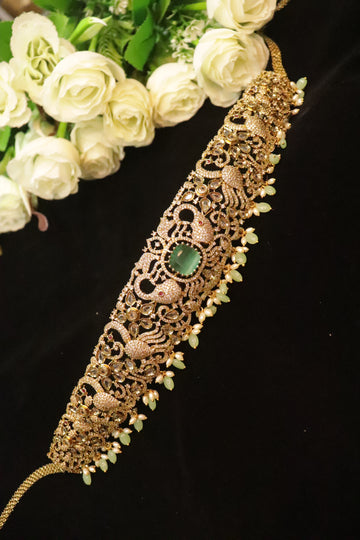Victorian Peacock & Emerald-Center CZ Hipbelt in Antique Gold