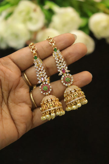 Floral AD & Pearl Drop Jhumka Earrings