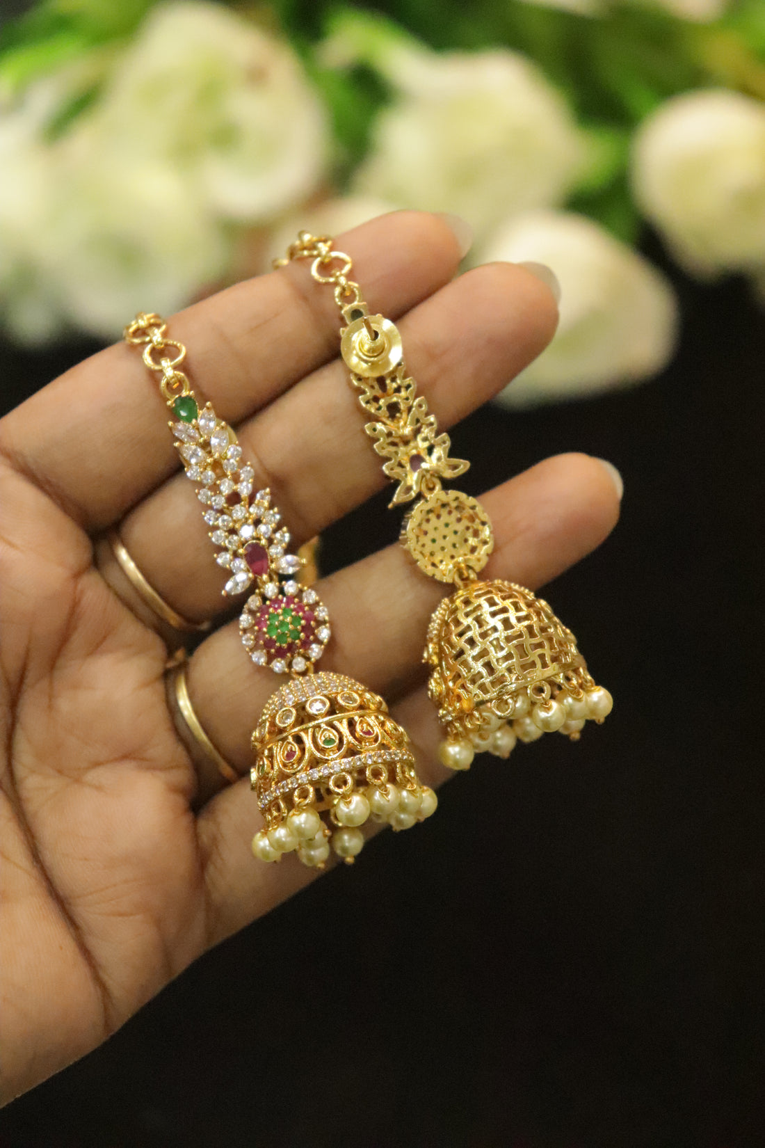 Floral AD & Pearl Drop Jhumka Earrings