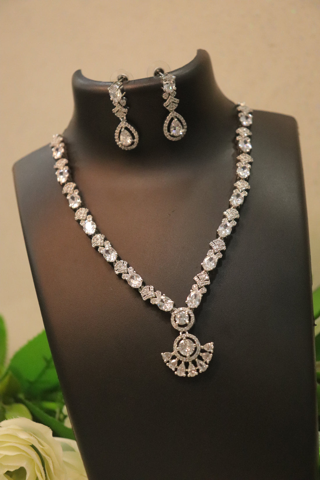 Elegant Halo Drop AD Stone Necklace Set