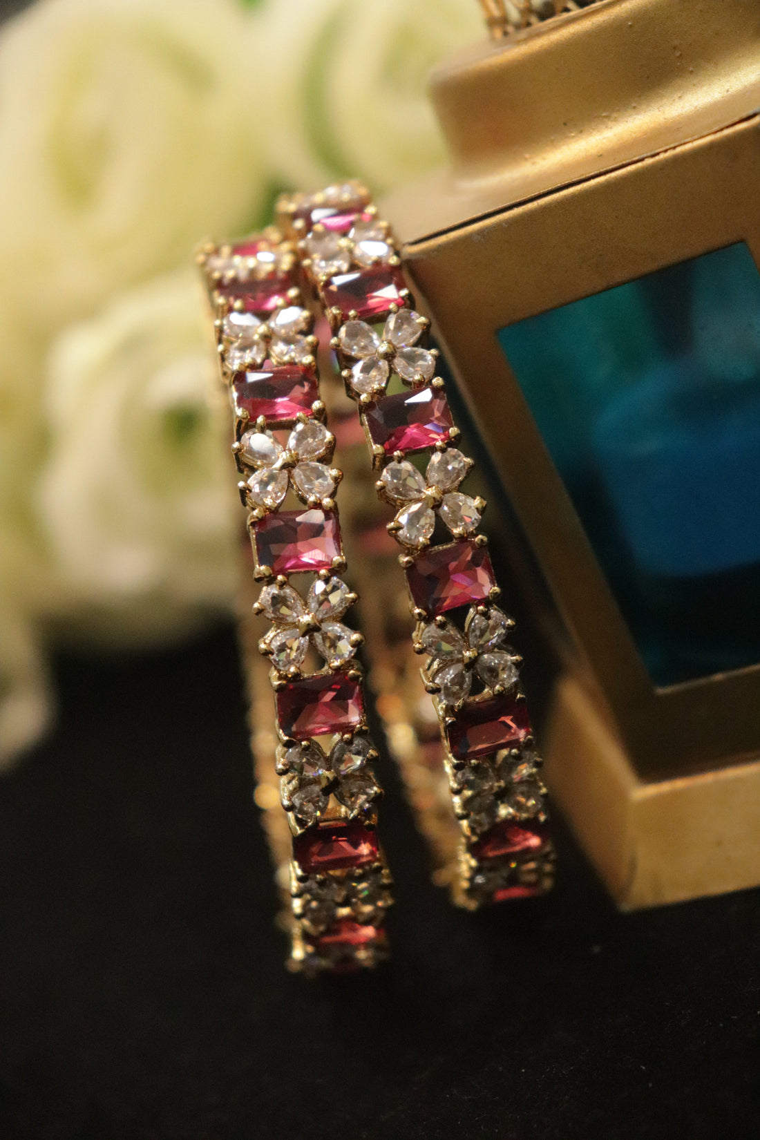 Floral Ruby Antique AD Bangle Set – Set of 2