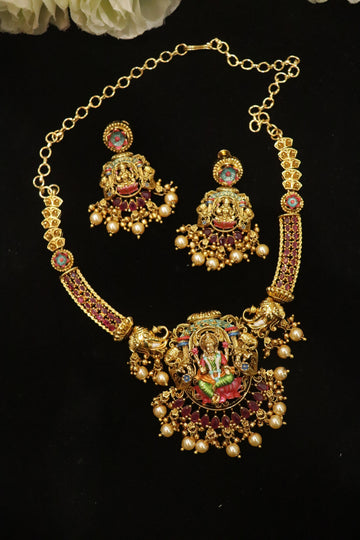 Royal Handpainted Meenakari Lakshmi Antique Temple Necklace Set with Pearl Drops