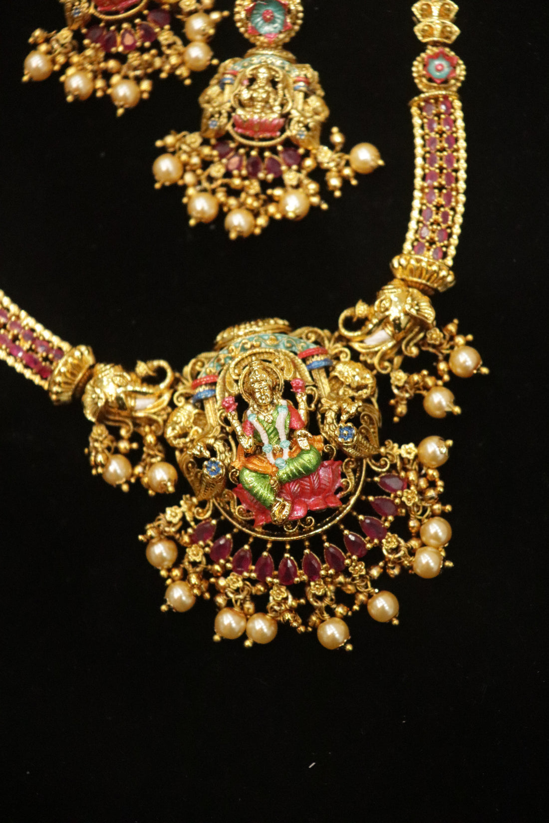 Royal Handpainted Meenakari Lakshmi Antique Temple Necklace Set with Pearl Drops