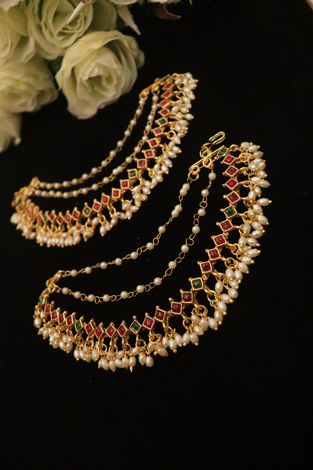 Multi-Stone Pearl Bridal Ear Chain – Elegant Jhumka Support Mattal