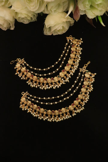 Temple Coin Pearl Bridal Ear Chain – Traditional Jhumka Support Mattal