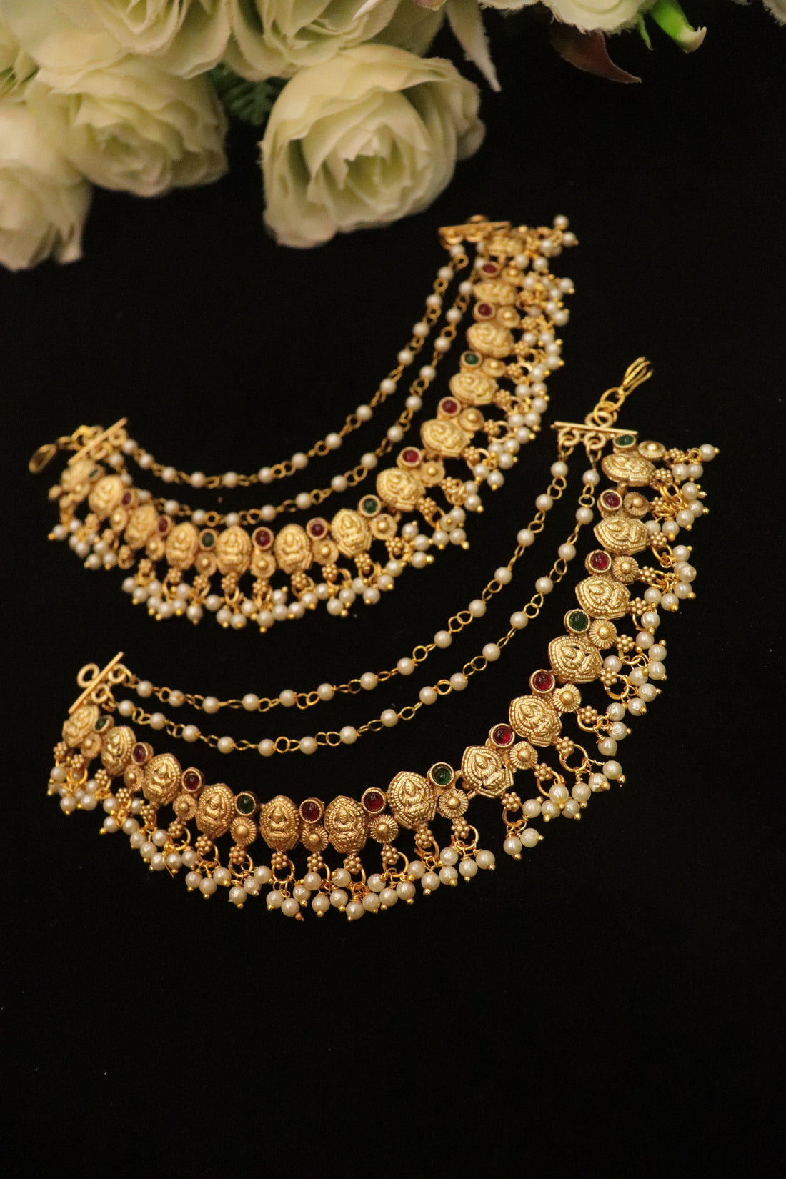 Temple Coin Pearl Bridal Ear Chain – Traditional Jhumka Support Mattal