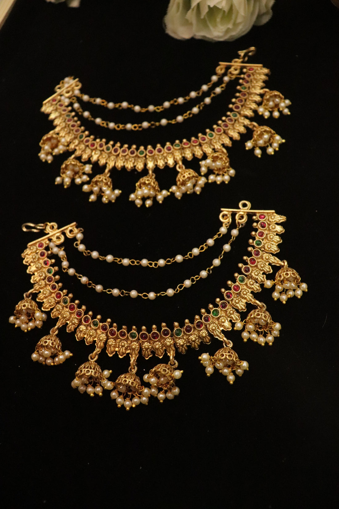 Temple Jhumka Pearl Bridal Ear Chain – Antique Gold Mattal with Multicolor Stones