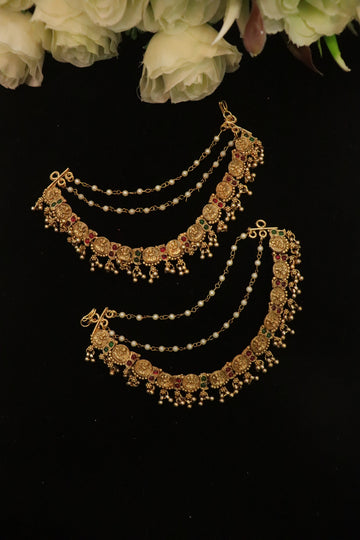Antique Coin Temple Bridal Ear Chain – Traditional Jhumka Mattal with Pearl Chains