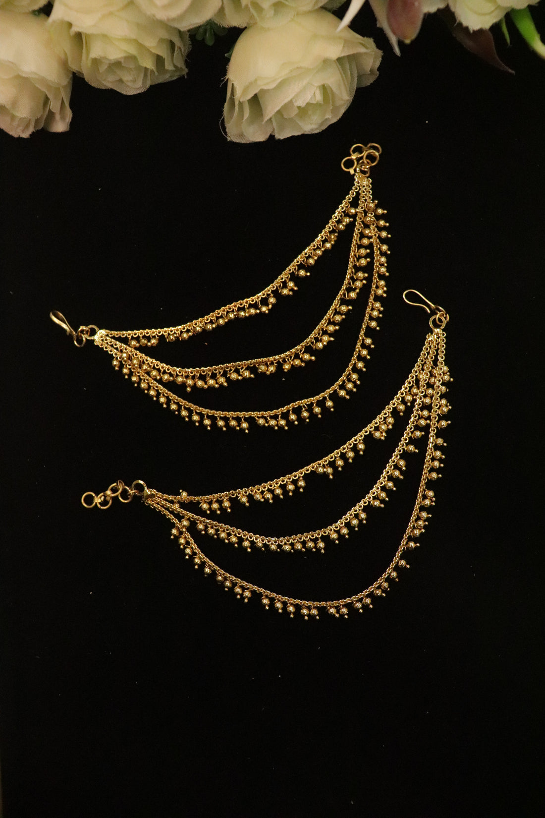 Triple Layer Bridal Mattal – Classic Gold Finish Elegant Ear Chain for Jhumkas