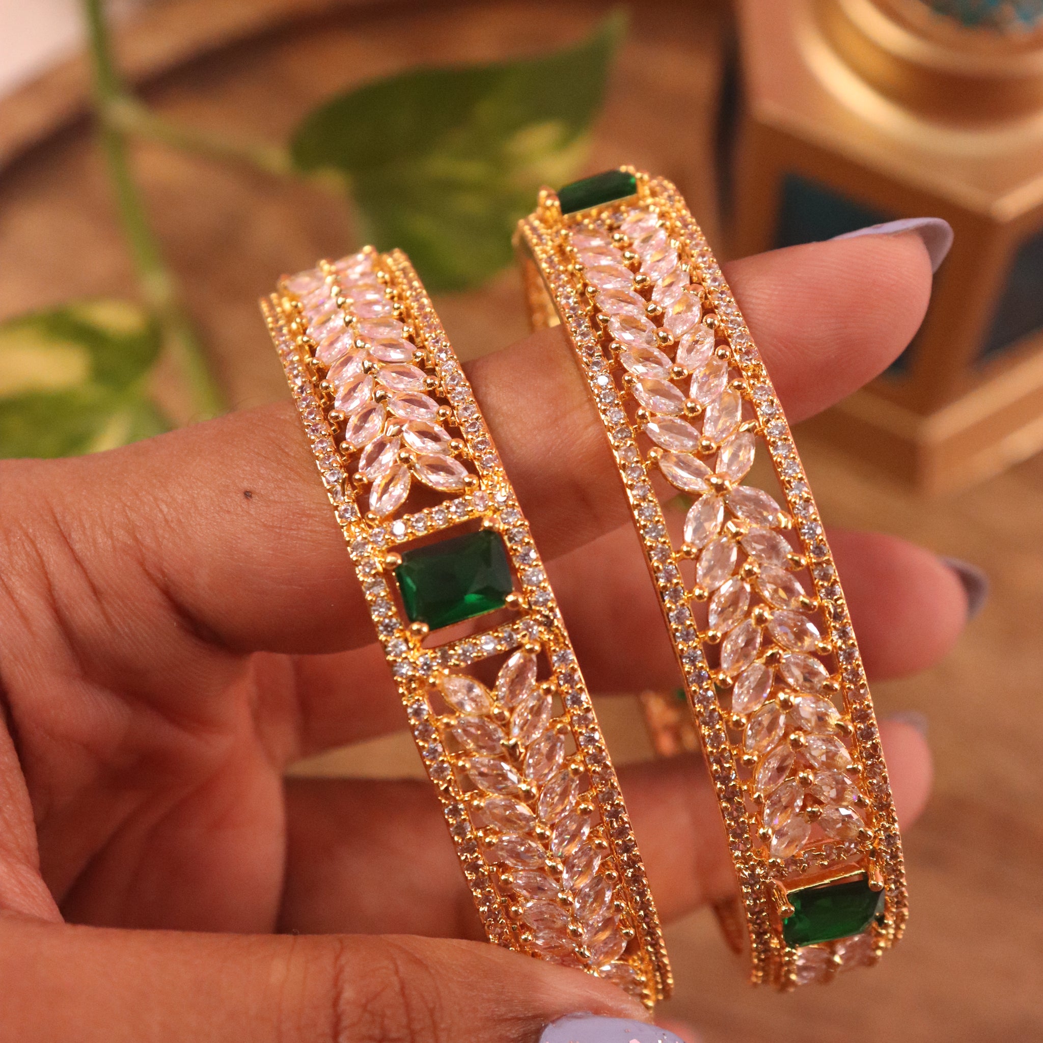 Regal Emerald & CZ Leaf Bangles in Luxe Microplated Gold Finish