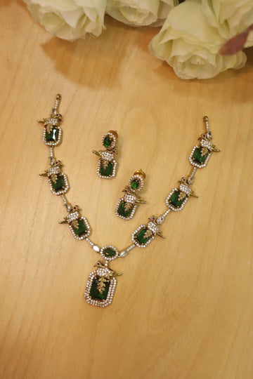 Royal Bird Motif AD Stone Necklace Set – Emerald Green Edition
