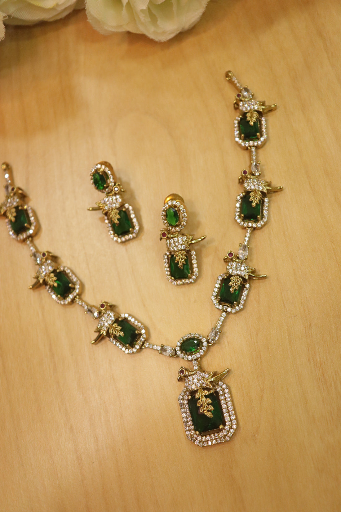 Royal Bird Motif AD Stone Necklace Set – Emerald Green Edition