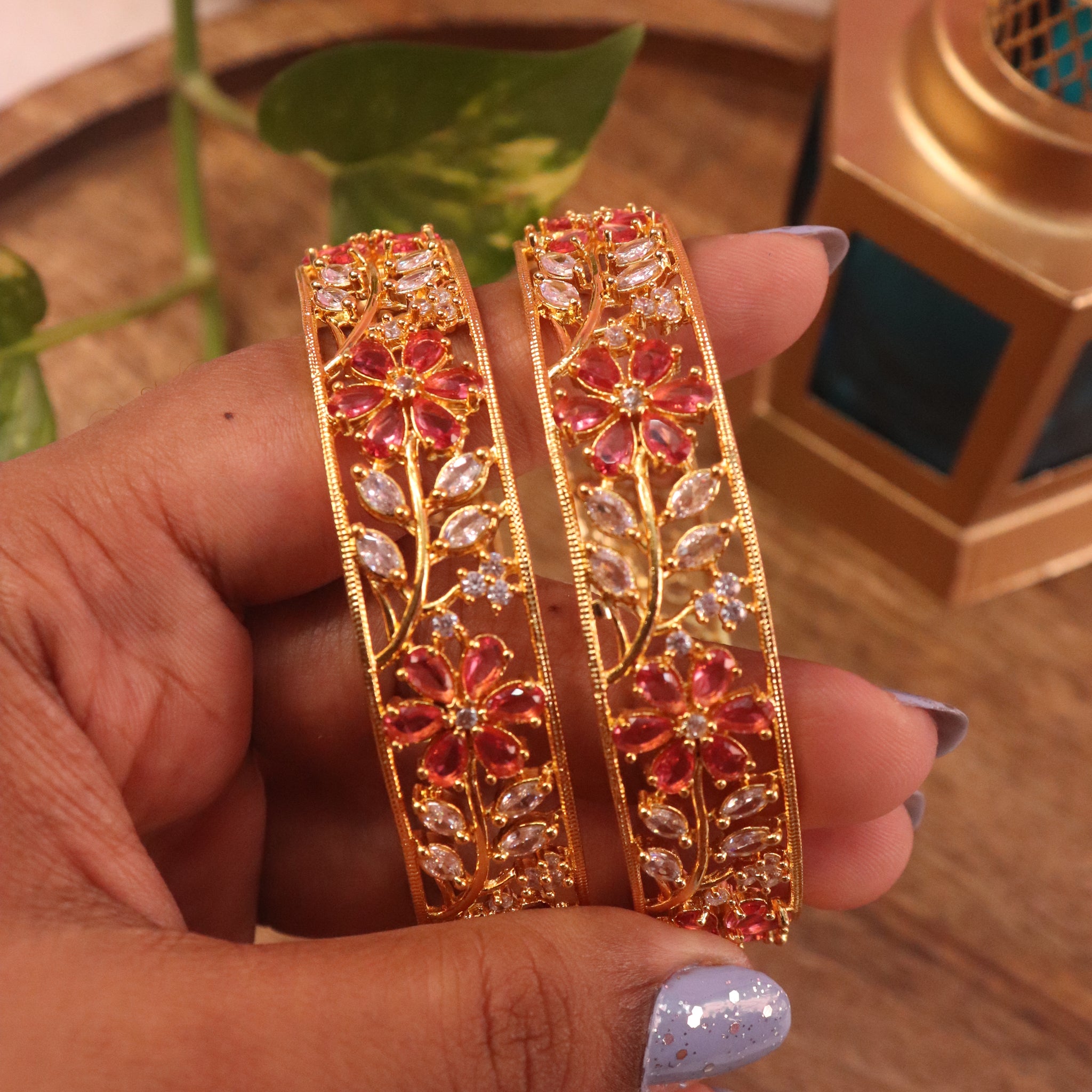 Floral Ruby & CZ Stone Bangles Set in Gold Finish – Set of 2