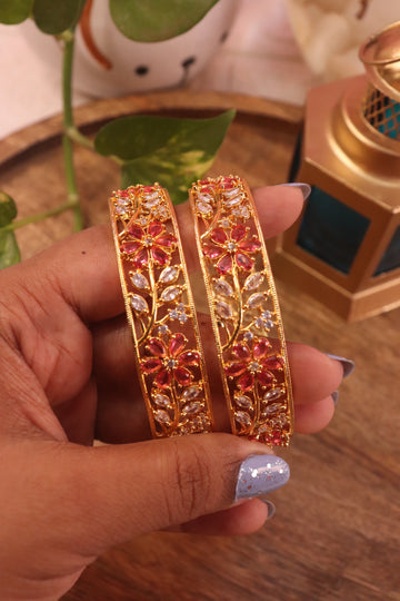 Floral Ruby & CZ Stone Bangles Set in Gold Finish – Set of 2