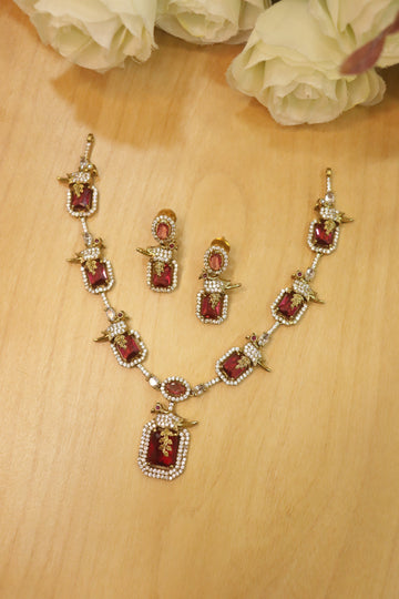 Royal Bird Motif AD Stone Necklace Set – Ruby Red Edition