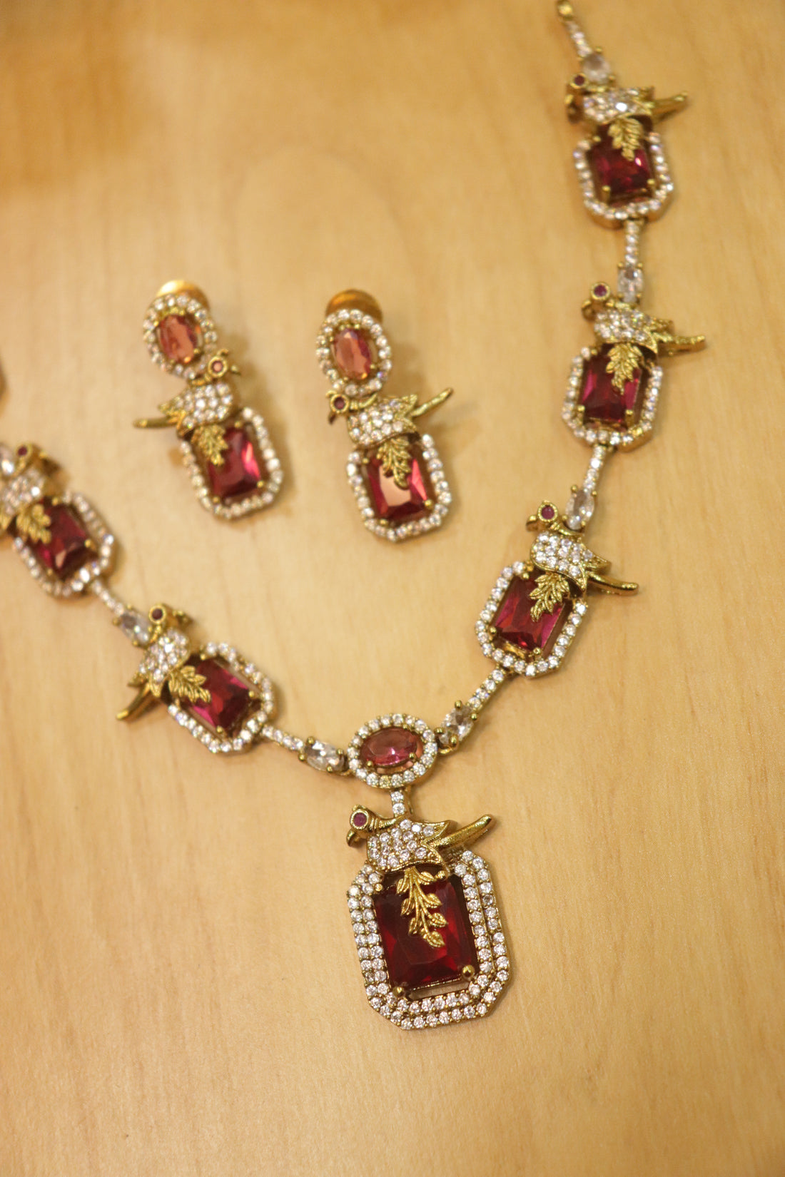 Royal Bird Motif AD Stone Necklace Set – Ruby Red Edition