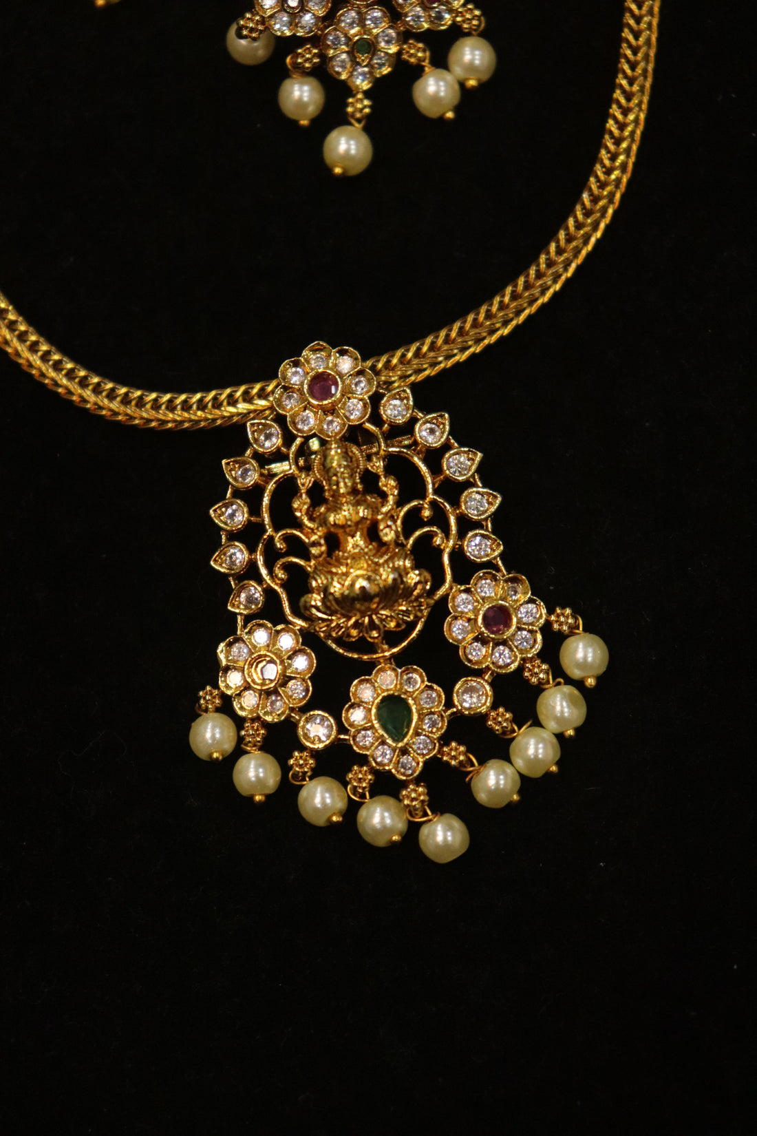 Antique Lakshmi AD Stone Necklace Set with Pearl Drops