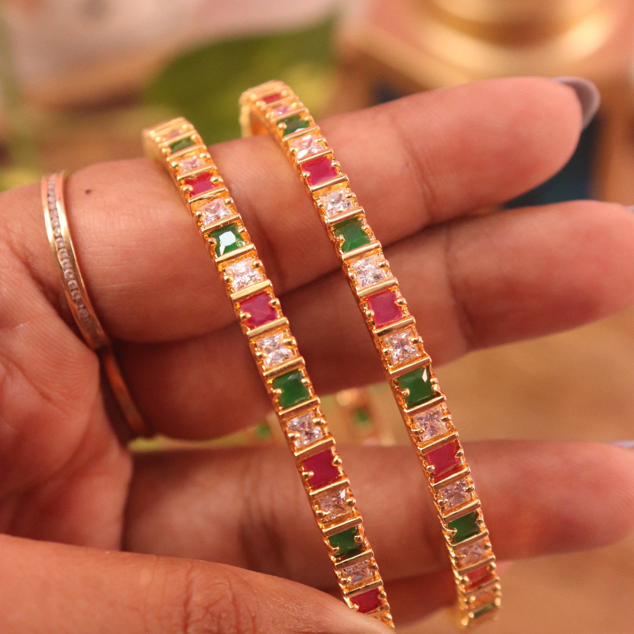 Ruby, Emerald & CZ Stone Bangles in Gold Finish – Set of 2