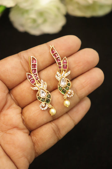 Antique Ruby & Emerald AD Stone Ear Cuffs with Pearl Drop