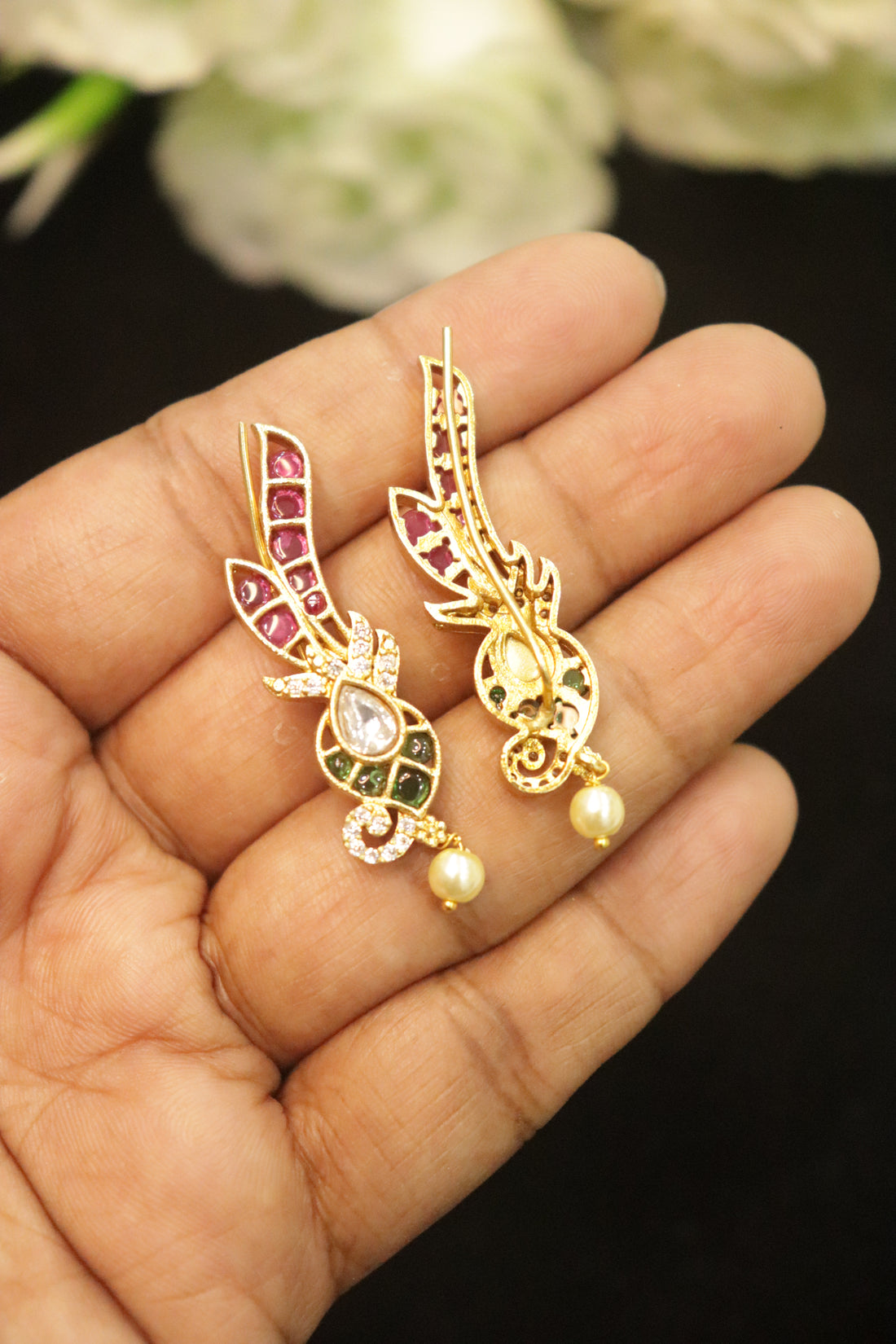Antique Ruby & Emerald AD Stone Ear Cuffs with Pearl Drop