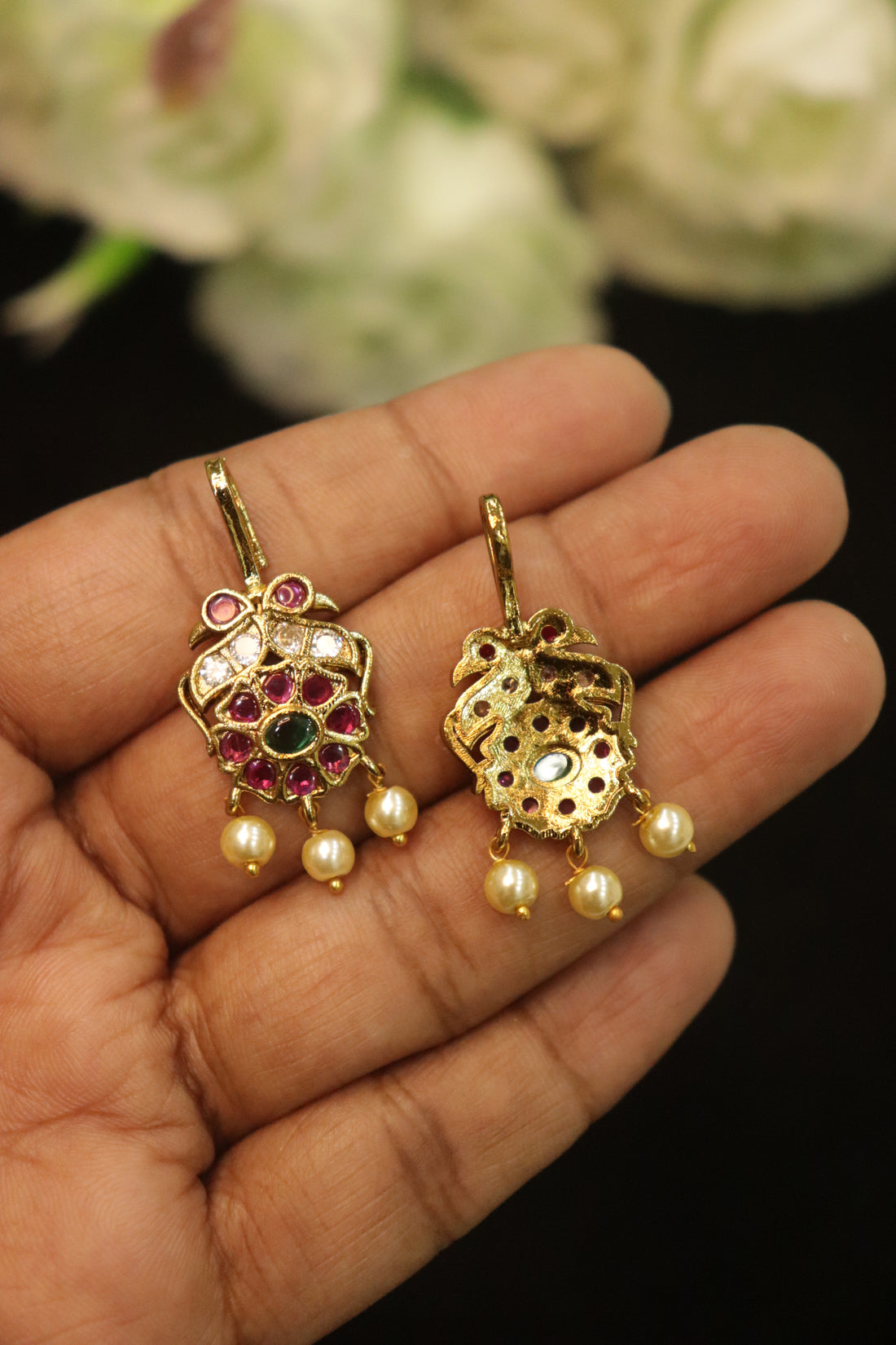 Elegant Antique Jadau Bugadi with Ruby-Green Stones & Pearl Hangings