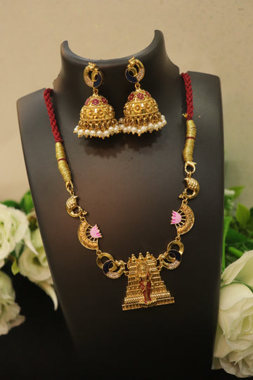 Antique Meenakari Lakshmi Temple Pendant Necklace Set with Jhumka Earrings