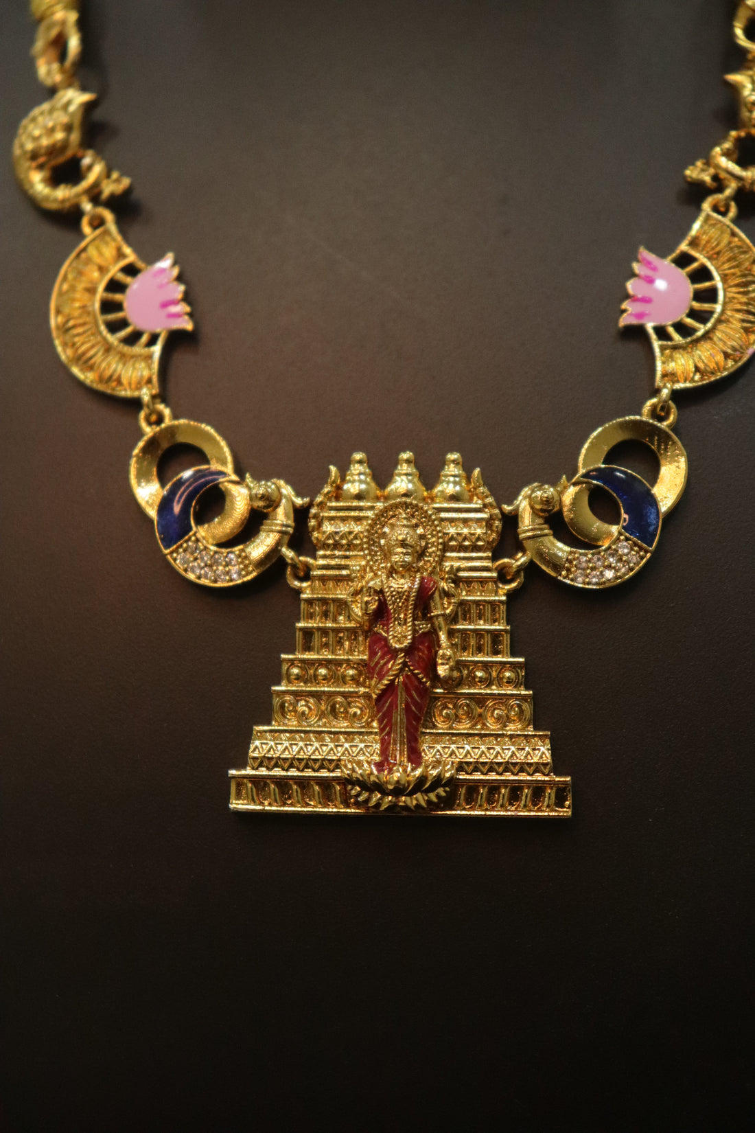 Antique Meenakari Lakshmi Temple Pendant Necklace Set with Jhumka Earrings