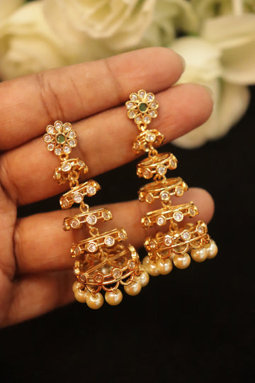 Antique Multi-Layered AD Stone Jhumka with Pearl Drops