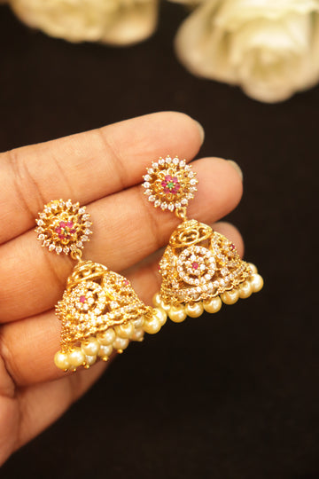 Antique AD Stone Floral Jhumka with Pearl Danglers