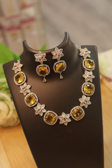 Rhodium Finish AD Stone Floral Necklace Set with Amber Crystal Accents