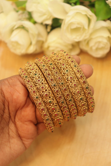 Golden Heritage Bloom Matte Bangles – Set of 6