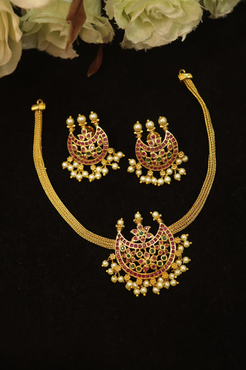 Royal Chandbali AD Attigai Necklace Set with Pearl Drops