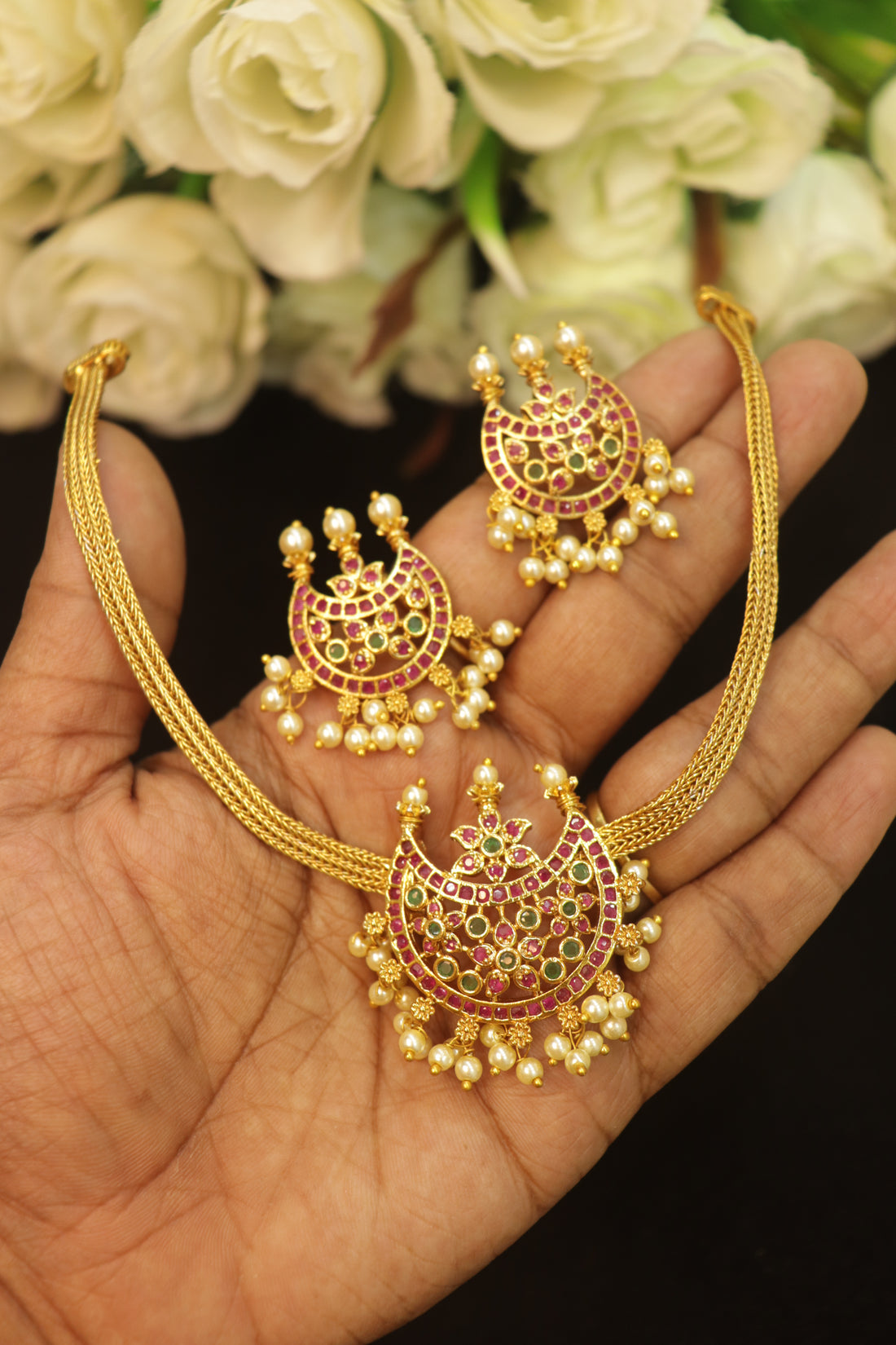 Royal Chandbali AD Attigai Necklace Set with Pearl Drops