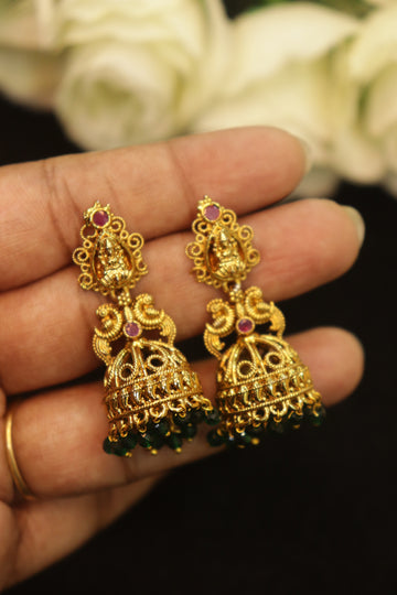Antique Lakshmi Jhumka with Green Crystal Hangings
