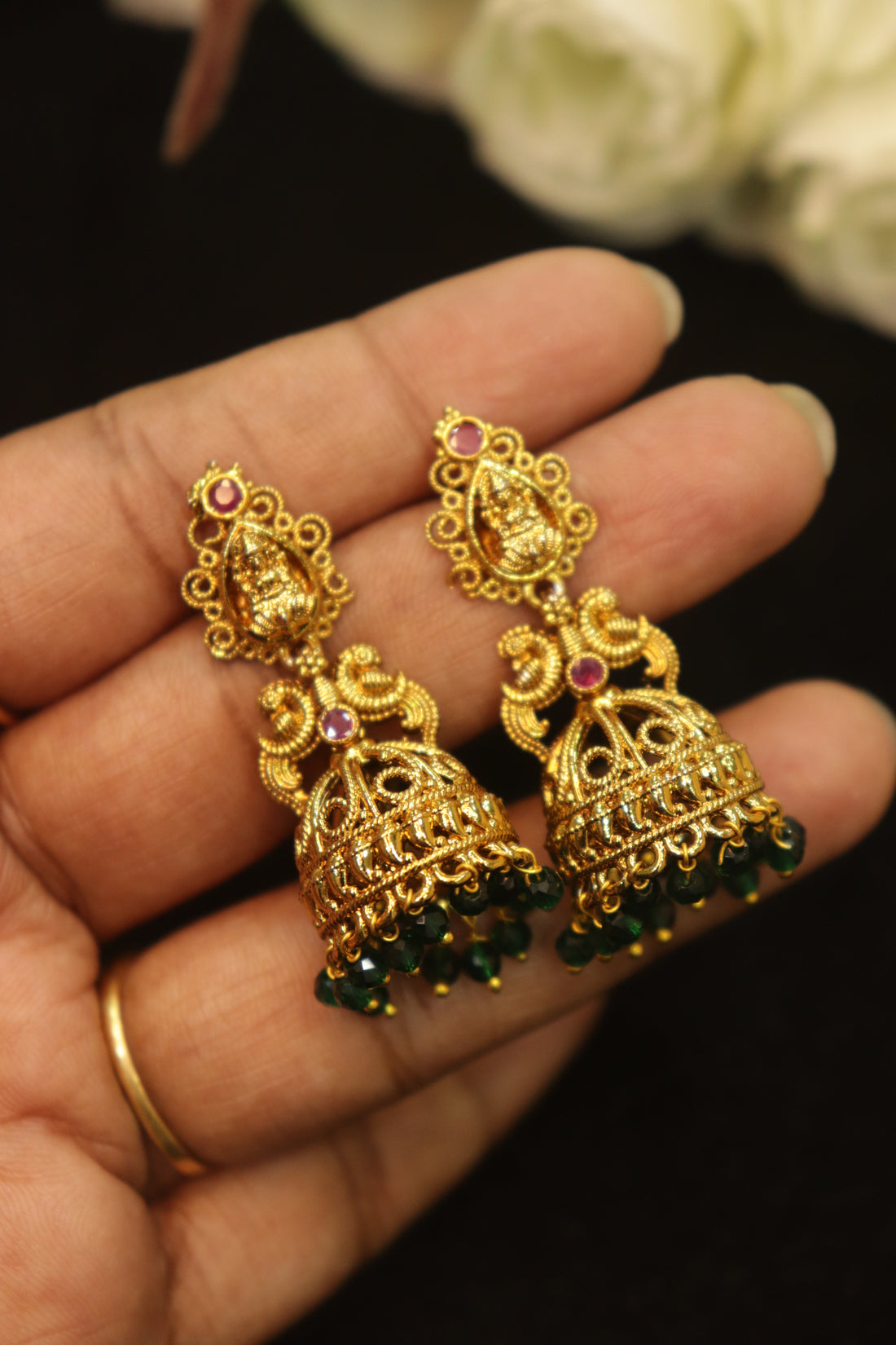 Antique Lakshmi Jhumka with Green Crystal Hangings