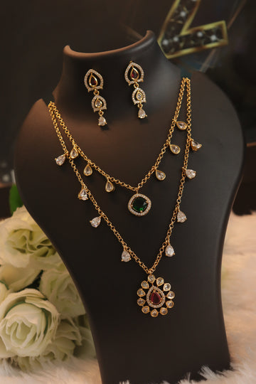Elegant 2 Layered AD Necklace Set with Earrings