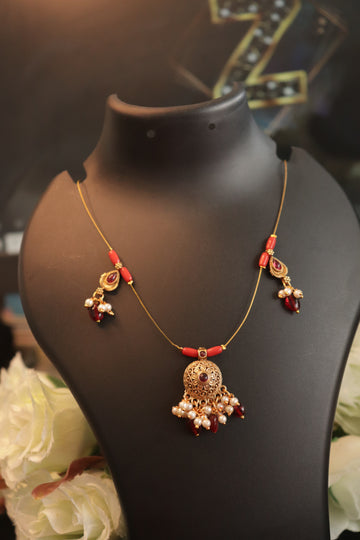 Elegant Coral Beads Invisible Necklace with Pearl Dangling Pendant