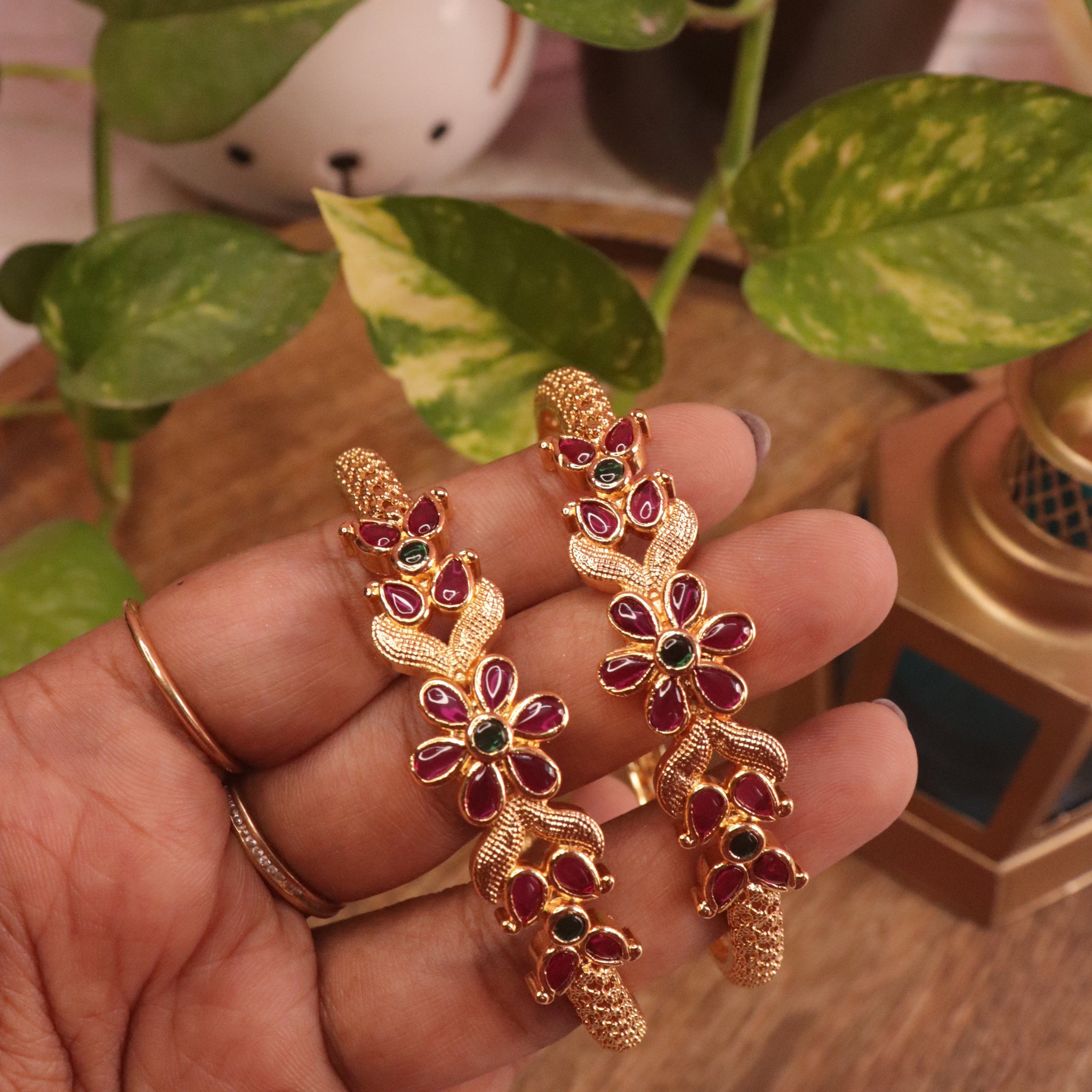 Floral Ruby & Emerald Stone Bangles in Gold Finish – Set of 2