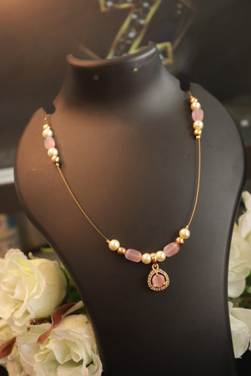 Elegant Pink Beads Invisible Necklace with Baby Pink Stone Pendant