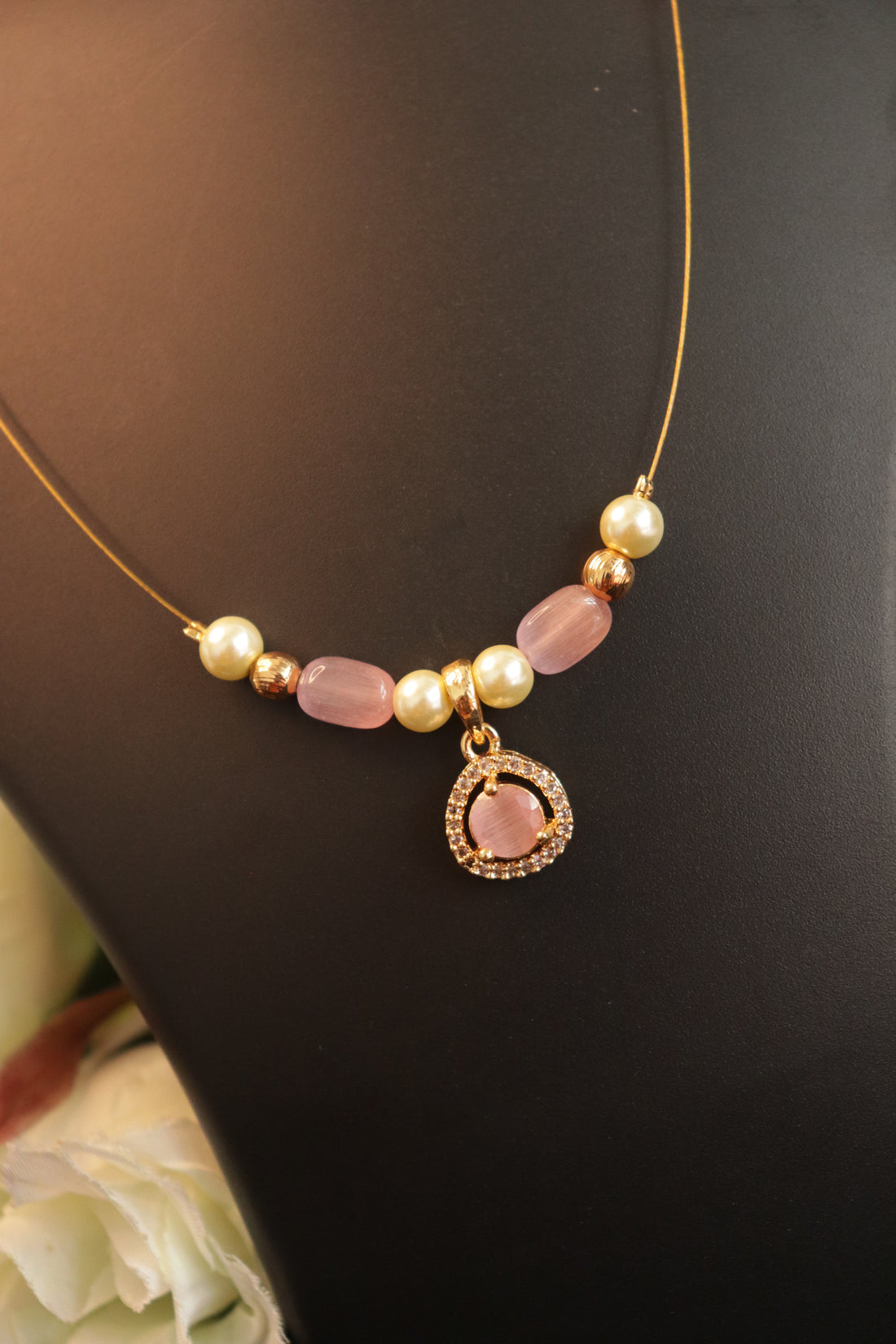Elegant Pink Beads Invisible Necklace with Baby Pink Stone Pendant