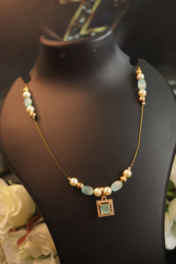 Elegant Blue Beads Invisible Necklace with Pastel Blue Stone Pendant