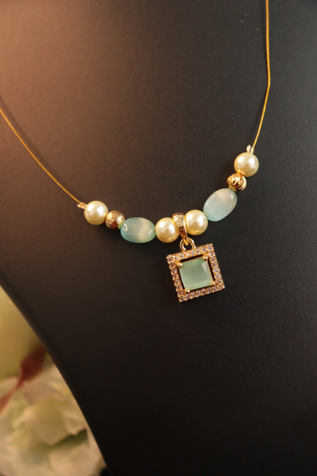Elegant Blue Beads Invisible Necklace with Pastel Blue Stone Pendant