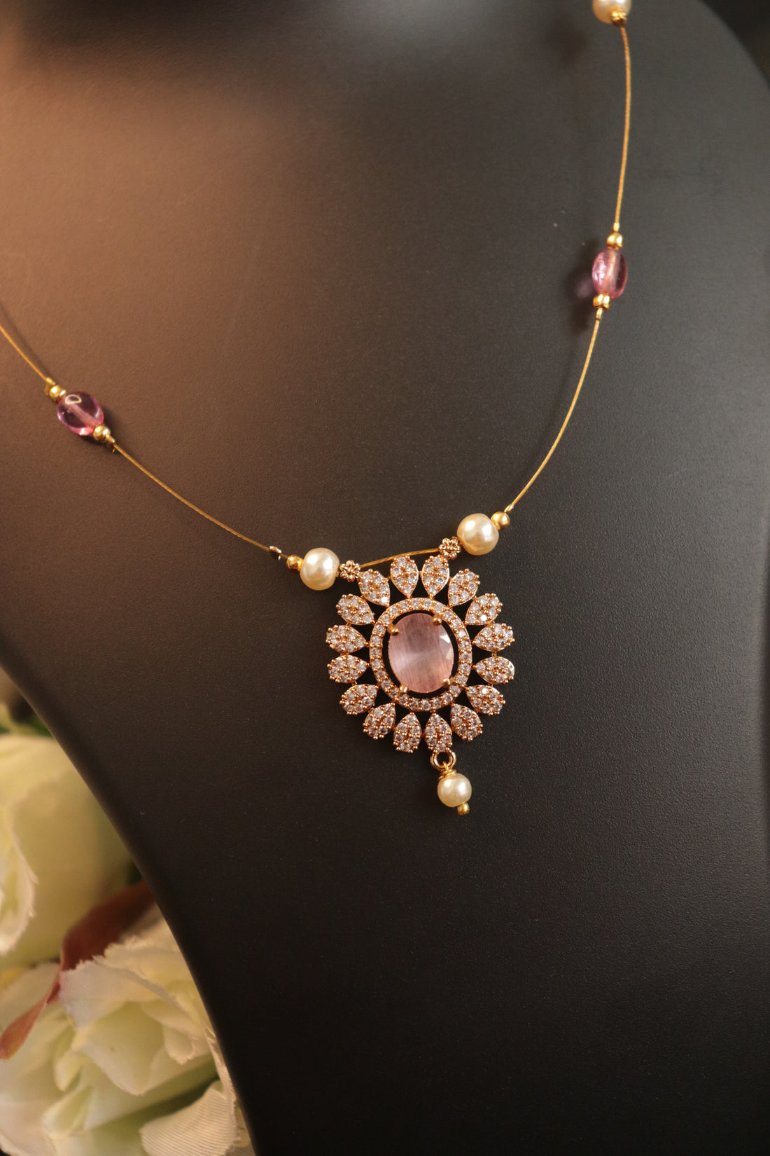 Elegant Pink AD Invisible Necklace with Designer Pendant